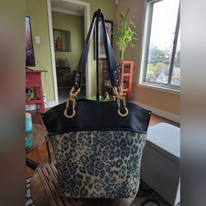 Perlina Black and Muted Blue Leather Leopard Tote
